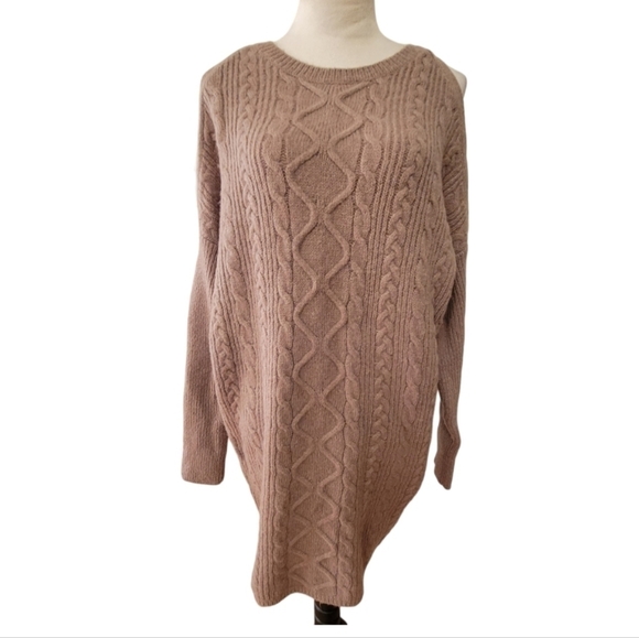 NWT Express Tan Cold Shoulder Wool Blend Sweater Dress Size Medium - Picture 2 of 4